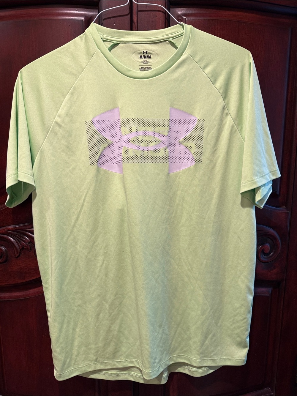 Under Armour Men's Short Sleeve Performance Tee in Pale Green with Pink Logo